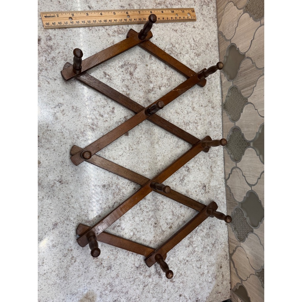 Vintage Wooden Accordion Wall Rack Expandable 10 Peg Hat Coat Mug Hanger Brown